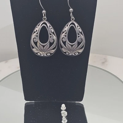 Sterling Silver Teardrop Filigree Dangle Hook Earrings Floral Scroll Design - Image 1 of 4