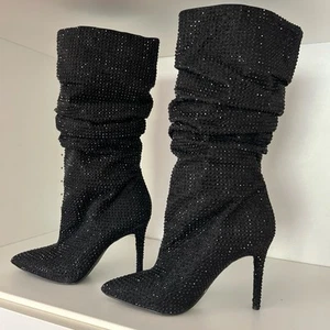 Size 6 Black Slouchy Layzar JS High Heel Boots Rhinestone Ltd Party Club NEW - Picture 1 of 7