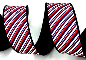Patriotic Red White Blue Diagonal Stripes 2.5" by 2 yd Wired Ribbon Farrisilk - Picture 1 of 6