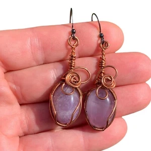 Amethyst Crystal Dangle Earrings Antiqued Copper Woman's Gift Wire Wrap Gemstone - Picture 1 of 14