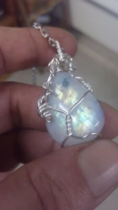 Rare Handmade Multicolor Flash Rainbow Moonstone Tear Drop pendant w steel chain - Picture 1 of 11