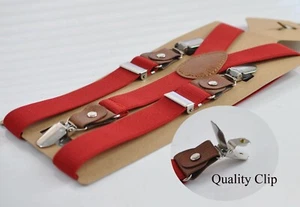 Boy Kids Infant Red Brown Elastic Faux Leather Suspenders Braces 1-8 Years Old - Picture 1 of 4