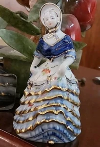 Limoges Porcelain Figurine Colonial Lady Blue Floral Gold Ruffle Dress Hat 5.5" - Picture 1 of 5