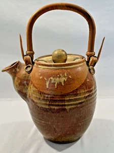Ed Shrock Vintage Pottery 12 Inch Spouted Pitcher w Bamboo Handle - Picture 1 of 7