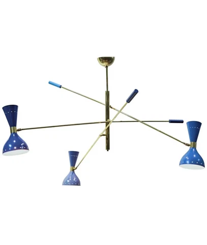 3 Arms Chandelier Brass, Stilnovo Style, Three Hues of Blue Mid Century Light Cover