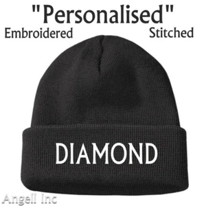 DIAMOND Beanie Hat GIFT BIRTHDAY WOMENS MENS Black Personalised Woolly WORK GYM - Picture 1 of 2