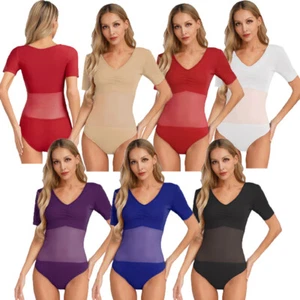 Damen Jumpsuit Knopf Trikot Gymnastik Bodysuit Uniform V-Ausschnitt Oberteile - Picture 1 of 70