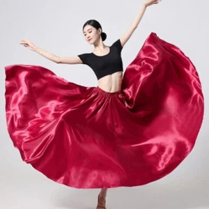 Satin Long Skirt Ballroom Latin Belly Dance Full Circle Skirt Performance Wear - Picture 1 of 28