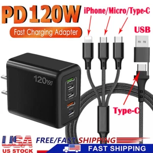 120W Fast Charging 5 Ports QC3.0 PD Wall Charger & 4 in 1 Fast Cable For Phone - Picture 1 of 24