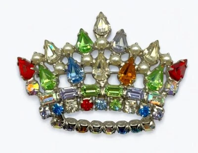 Vintage Royal Crown Brooch Pin AB & Multi-color Rhinestones B David - Image 1 of 4