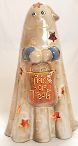 Lighted Halloween 10" Smiling Ghost Trick or Treat Bag Ceramic Figurine Works