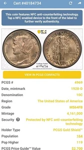 1928-D 10C Mercury Dime PCGS MS64FB #4080 - Picture 1 of 4