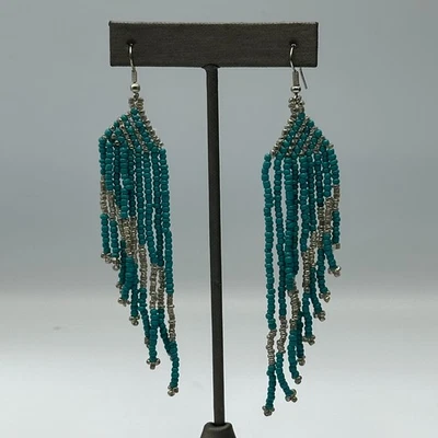 Beaded Fringe Earrings Teal Silver Tone Long Dangle Seed Bead Pierced Jewelry 4" - Image 1 of 4