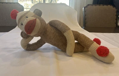 Vintage Stuffed Animal Toy Handmade 20” Sock Monkey Doll. Eyelashes, Red Heel. - Image 1 of 4