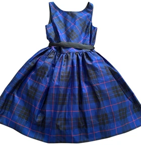 Polo Ralph Lauren Girls 10 Blue Plaid Taffeta Party Dress Black Bow Holiday - Picture 1 of 6