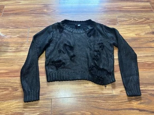 H&M Divided Distressed Black Crewneck Long Sleeve Knit Sweater Concert Grunge  - Picture 1 of 9