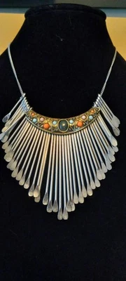 Vntg Southwest Silver Tone Necklace W/Silver Tone Pin Fringe Bib & Multicolored - Image 1 of 4