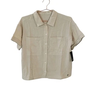 New ANDREW MARC S Sand Gauzy Drop Shoulder Short Sleeve Button Front Shirt Women - Picture 1 of 12
