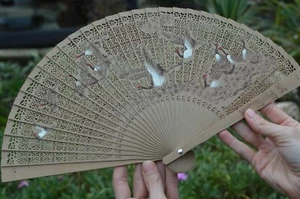 Vintage Orientalische Handgefertigte Bambus Kraniche Verziert Handfächer mit Box. - Bild 1 von 12