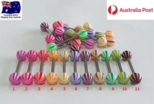 Candy Stripe Design Tongue Bar 14g 16mm Stainless Steel Beach Ball Tongue Bar - Picture 1 of 3