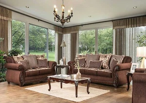 NEW Traditional Living Room Set - Wood Trim Brown Fabric Sofa Couch Loveseat RCT - Picture 1 of 4