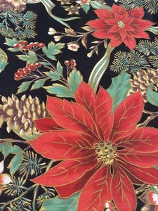 Lg Rectangular Poly Cotton Christmas Red Poinsettia Pine & Holly Tablecloth - Picture 1 of 3