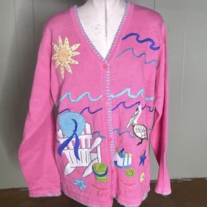 Quacker Factory Beach Ocean Lake Vacation Ugly Sweater Whimsical Quirky Cardigan - Picture 1 of 7