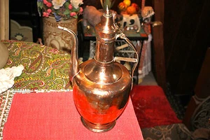 Antique Arabic Middle Eastern Large Water Tea Pitcher Copper Over Silver Metal - Picture 1 of 12