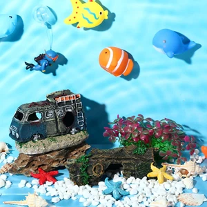 7 Pcs Aquarium Decorations Large Set Include 1 Resin Wreck Car 1 Hollow Tree Tru - Picture 1 of 12