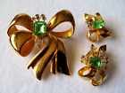 Joan Rivers Gold Tone Bow Shape Pin Brooch Paridot &Crystals With Clip Earrings
