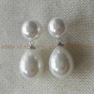 White South Sea Shell Pearl Teardrop Double Beads Dangle Silver Stud Earrings - Picture 1 of 6