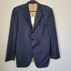 ISAIA Men Plaid Wool Blazer 40L Blue White Pin Stripe Wool Connaissuer Italy - Picture 1 of 9