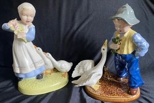 Vintage Holland Mold Boy & Girl With Geese Figurines. stands 8 1/2 tall 70s - Picture 1 of 12