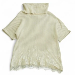 Laura Ashley Womens Cream Ribbed Knit Top UK 12 | High Neck Lace Hem Cottagecore - Picture 1 of 6