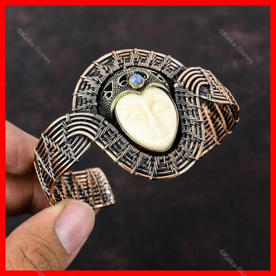 Brazalete artesanal envuelto en alambre de piedra lunar arco iris piedra cara tallada blanca cobre Foto 1 de 4