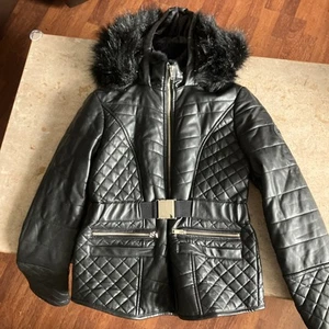 Ladies Size 8 River Island Belted Puffer Jacket Coat Faux Fur Hood - Picture 1 of 7
