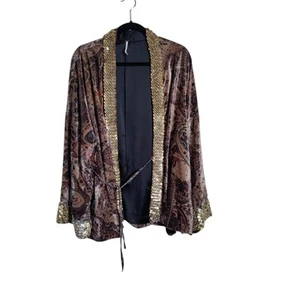 FREE PEOPLE Layla Embellished Kimono Jacket Large XL Black Combo Sequin Velvet - Picture 1 of 10