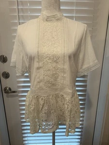 CATHERINE MALANDRINO | Blusa Mujer BLANCA Bordada Encaje Peplum TOP | NUEVA CON ETIQUETAS Med - Imagen 1 de 8