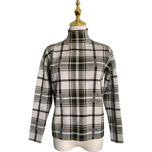 Tahari Women's Small Plaid Black Cream Tan Sweater Mock Neck Long Sleeve 75343 - Picture 1 of 7
