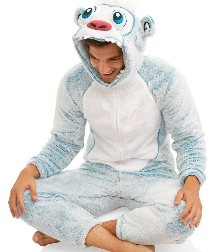 Abominable Snowman Yeti Hooded Pajama Christmas Costume Union Suit Mens M-Large - Image 1 of 4
