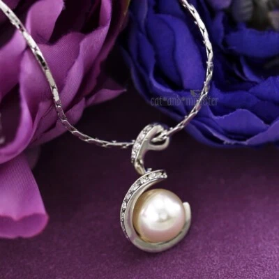 WOMENS FASHION 18K WHITE GOLD GF MOTHER GIFT PEARL DROP CRYSTAL PENDANT NECKLACE Foto 1 de 4