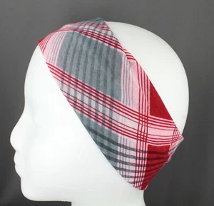 Red Grey plaid soft jersey fabric headband stretch hair head band 2.75" wide - Picture 1 of 8