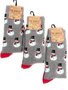 K. BELL 3-Pairs Holiday Snowman Crew Socks - Grey & Red - Men's 6 -12 - Picture 1 of 4