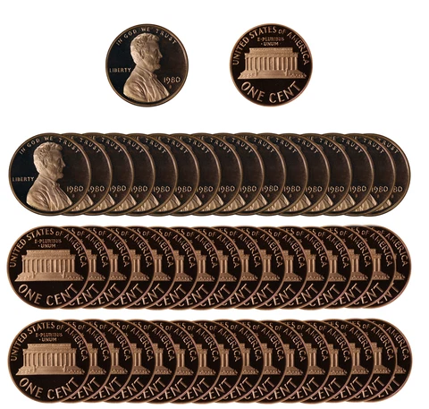 1980 Gem Proof Lincoln Memorial Cent Roll - 50 US Coins Cover