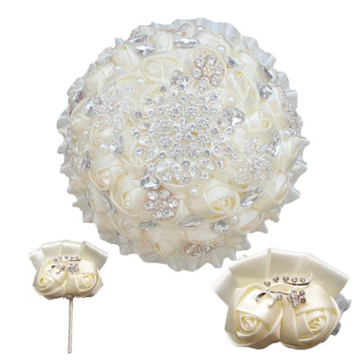 Luxury Crystals Artificial Satin Roses Wedding Bridal Bouquet Bride Hand Flowers - Image 1 of 4