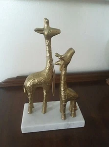 Giraffe Figur Messing Statue Marmorsockel Handarbeit Indien Mutter & Kalb Baby  - Bild 1 von 12