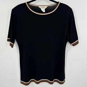 Exclusively Misook Blouse Womens L Petite Black Brown Short Sleeve Contrast Trim - Picture 1 of 8