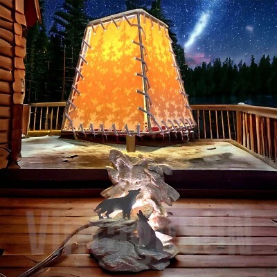 Lámpara de mesa Lobos de metal rústico tallado en roca de piedra árbol de puntada de cuero de 3 vías Foto 1 de 4