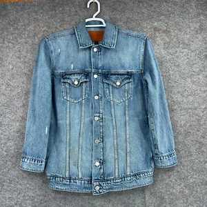 Lucky Brand Trucker Jacket Mens Small Blue Distressed Denim Retro - Picture 1 of 13