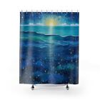 Shower Curtain Peaceful Full moon and stars rising over blue ocean landscape 